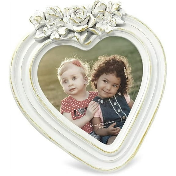 Isaac Jacobs 4x4 Heart-Shaped Resin Picture Frame with Rose Design, Decorative Photo Frame, Tabletop & Wall Display