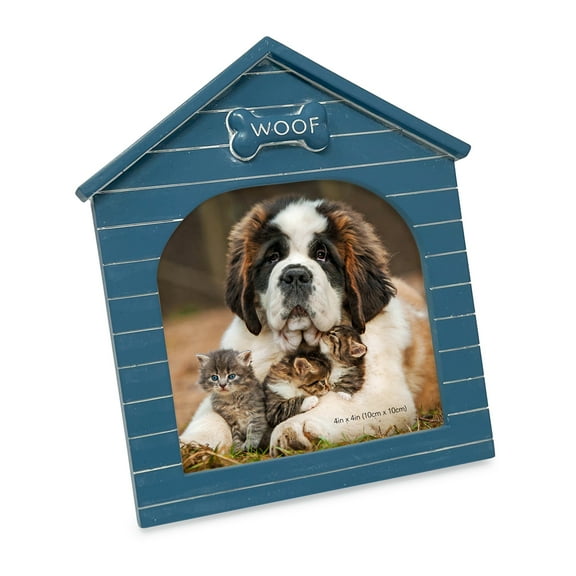 Isaac Jacobs 4x4 Navy Resin Sentiments "Woof" Doghouse Frame, Vertical Keepsake Photo Frame with Easel and Hanging Tabs for Tabletop, Desktop & Wall Display (4x4, Navy )