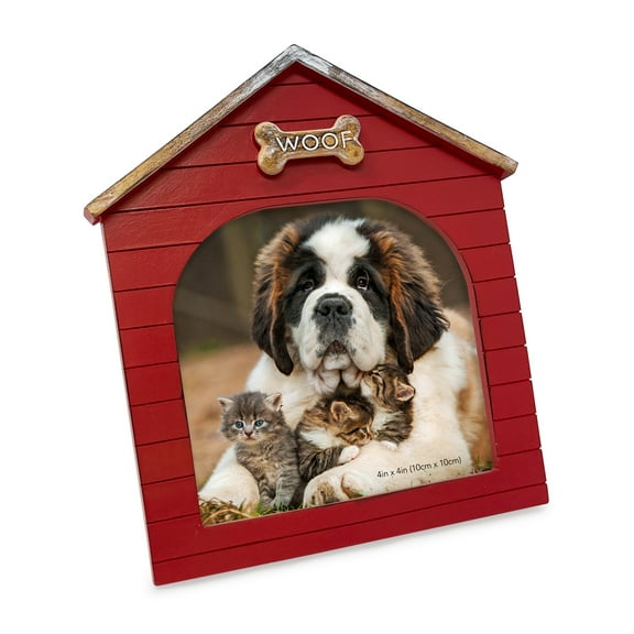 Isaac Jacobs 4x4 Red Resin Sentiments "Woof" Doghouse Frame, Vertical Keepsake Photo Frame with Easel and Hanging Tabs for Tabletop, Desktop & Wall Display (4x4, Red )