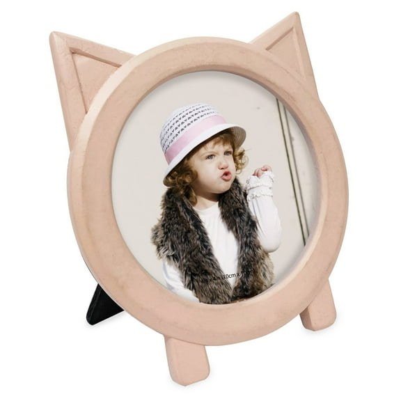 Isaac Jacobs 4x4 Resin Circular Cat Picture Frame with Ears, Display on Tabletop, Desk Pink