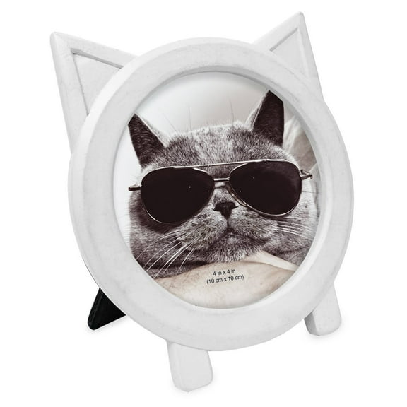 Isaac Jacobs 4x4 Resin Circular Cat Picture Frame with Ears, Display on Tabletop, Desk White