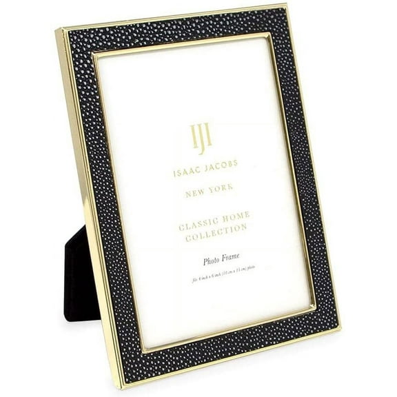 Isaac Jacobs 4x6 Black Leather with Gold Metal Vertical & Horizontal Picture Frame, Shagreen Border w/ Black Fabric Easel, Wall-Mountable, Made For Tabletop, Photo Gallery 4x6, Black W/ Gold