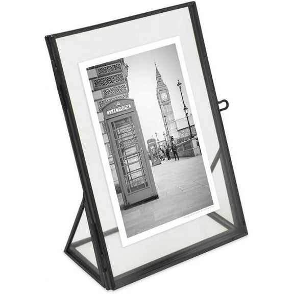 Isaac Jacobs 4x6, Black, Vintage Style Brass and Glass, Floating Photo Frame, Metal, Vertical, with Locket Closure and Angled Base, for Pictures, Art, Mementos, Keepsakes 4x6, Black