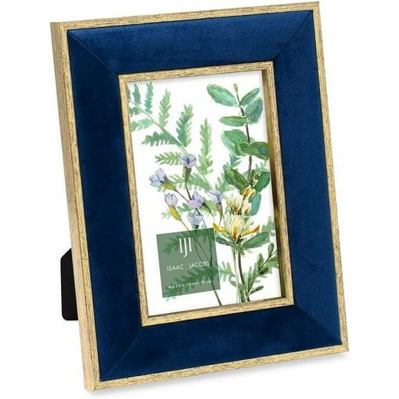 Isaac Jacobs 4x6 Navy Velvet Picture Frame with Metallic Gold Double Border, Photo Frame, Horizontal & Vertical, Made for Tabletop & Wall Display