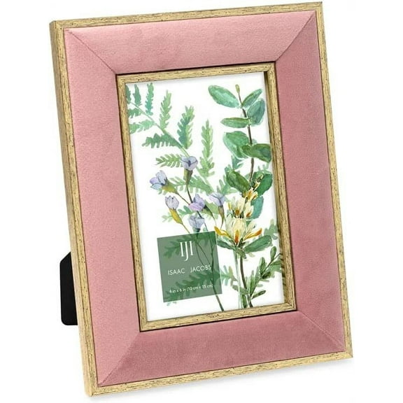 Isaac Jacobs 4x6 Pink Velvet Picture Frame with Metallic Gold Double Border, Photo Frame, Horizontal & Vertical, Made for Tabletop & Wall Display