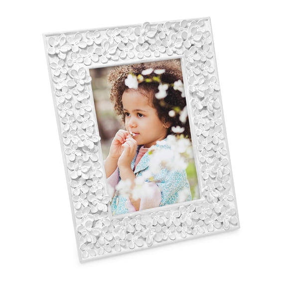 Isaac Jacobs 4x6 White Flower Textured Hand-Crafted Resin Picture Frame w/Easel & Hook for Tabletop & Wall Display, Decorative Floral Design Home Décor, Photo Gallery, Art (4x6, White)