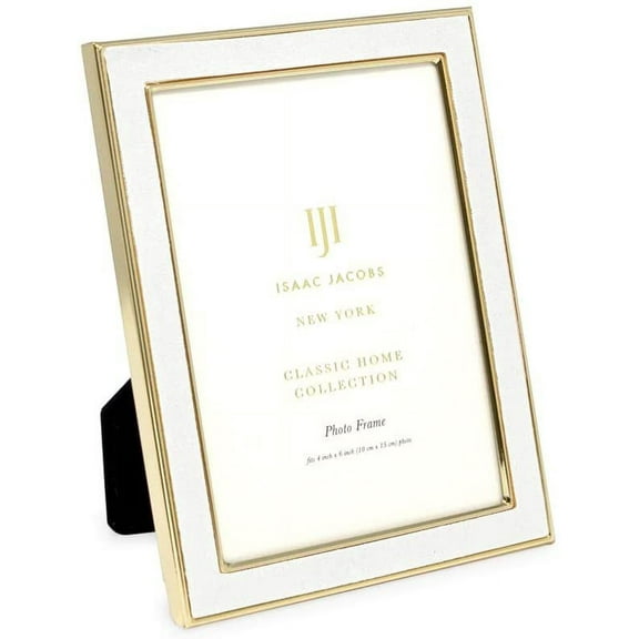 Isaac Jacobs 4x6 White Leather with Gold Metal Vertical & Horizontal Picture Frame, Suede Border w/ Black Fabric Easel, Wall-Mountable, Made For Tabletop