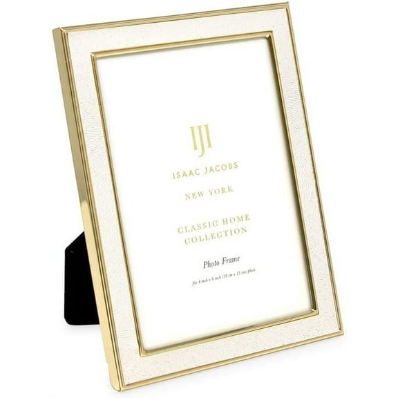 Isaac Jacobs 4x6 White Textured Leather Vertical & Horizontal & Gold Metal Picture Frame, with Black Fabric Easel, Wall-Mountable