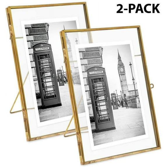 Isaac Jacobs 5x7 2-Pack, Antique Gold, Vintage Style Brass and Glass, Metal Floating Picture Frame Vertical with Locket Closure