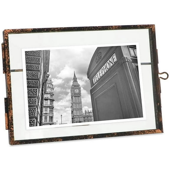 Isaac Jacobs 5x7, Antique Bronze, Vintage Style Brass and Glass, Metal Floating Picture Frame Horizontal with Locket Closure, for Photos, Art, More, Tabletop Display