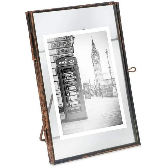 Isaac Jacobs 5x7, Antique Bronze, Vintage Style Brass and Glass, Metal Floating Picture Frame Vertical with Locket Closure