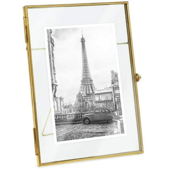 Isaac Jacobs 5x7, Antique Gold, Vintage Style Brass and Glass, Floating Desk Photo Frame Vertical, with Locket Bead Clasp Closure