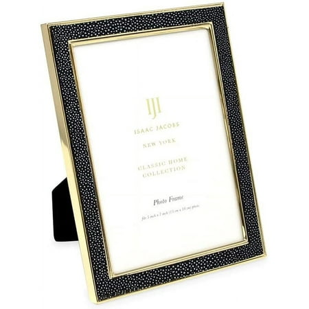 Isaac Jacobs 5x7 Black Leather with Gold Metal Vertical & Horizontal Picture Frame, Shagreen Border w/ Black Fabric Easel, Wall-Mountable, Made For Tabletop, Photo Gallery