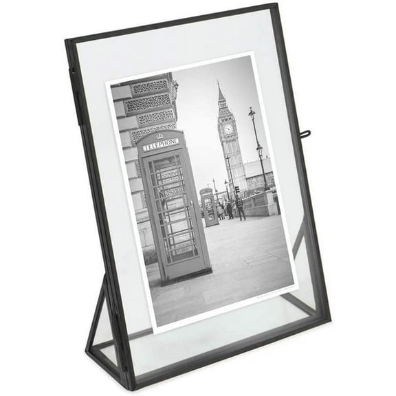 Isaac Jacobs 5x7, Black, Vintage Style Brass and Glass, Floating Photo Frame, Metal, Vertical, with Locket Closure and Angled Base, for Pictures, Art, Mementos, Keepsakes