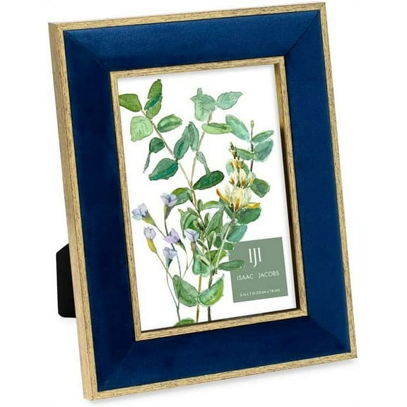 Isaac Jacobs 5x7 Navy Velvet Picture Frame with Metallic Gold Double Border, Photo Frame, Horizontal & Vertical, Made for Tabletop & Wall Display