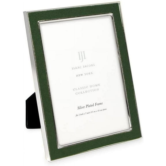 Isaac Jacobs 5x7 Olive Leather with Silver Metal Vertical & Horizontal Picture Frame, Suede Border w/ Black Fabric Easel, Wall-Mountable, Made For Tabletop,