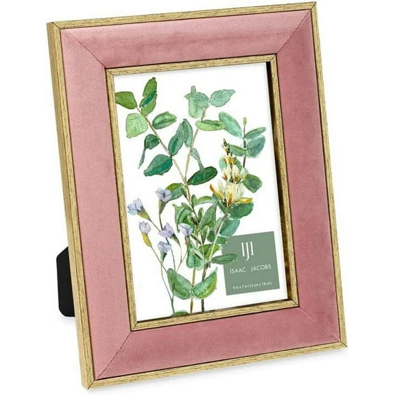Isaac Jacobs 5x7 Pink Velvet Picture Frame with Metallic Gold Double Border, Photo Frame, Horizontal & Vertical, Made for Tabletop & Wall Display, for Home and Office