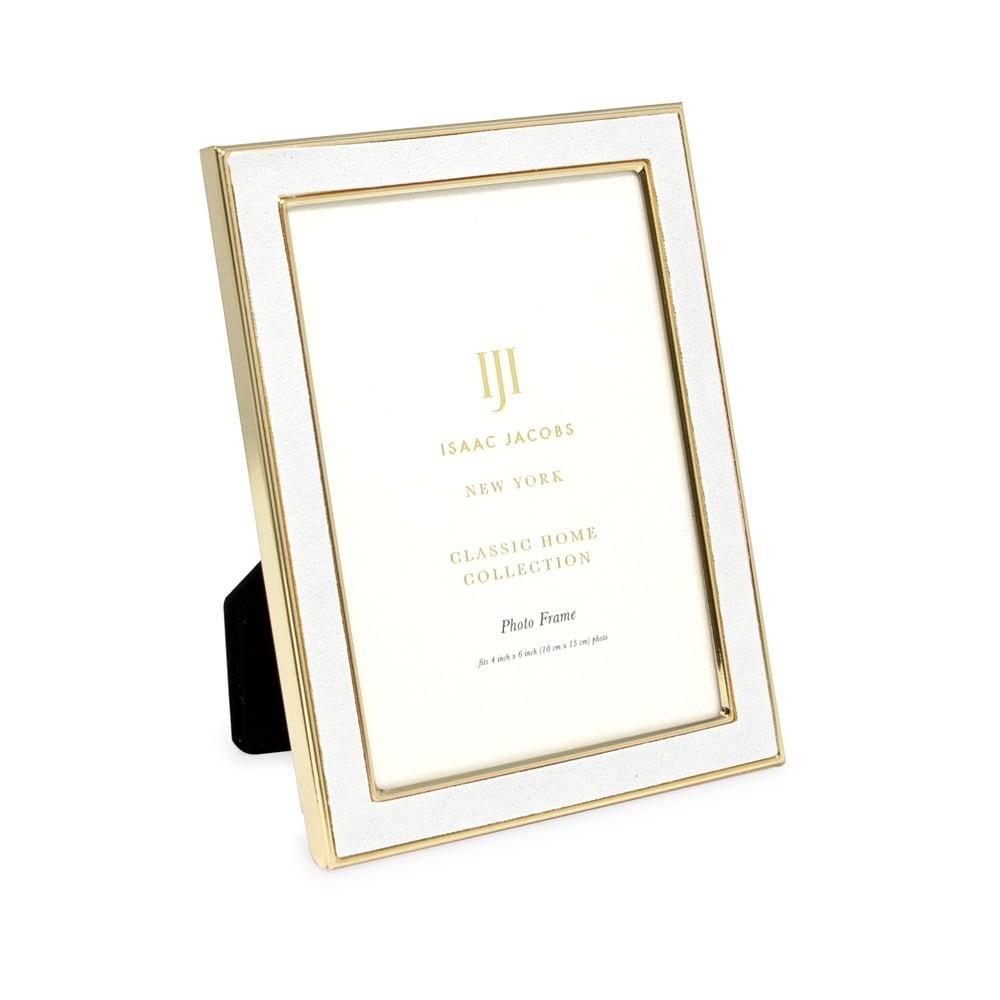 Isaac Jacobs 5x7 White Leather with Gold Metal Vertical & Horizontal Picture Frame, Suede Border