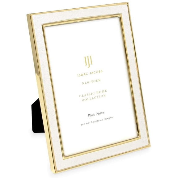 Isaac Jacobs 5x7 White Textured Leather Vertical & Horizontal & Gold Metal Picture Frame, with Black Fabric Easel, Wall-Mountable, Made for Tabletop, Wall-Hanging, Home or Office 5x7, White W/...