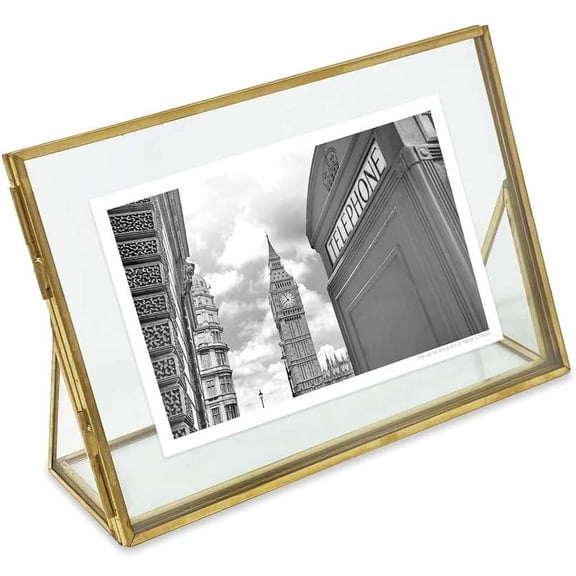 Isaac Jacobs 6x4, Antique Gold, Vintage Style Brass & Glass, Floating Photo Frame Horizontal, Metal Locket Closure & Angled Base, Horizontal