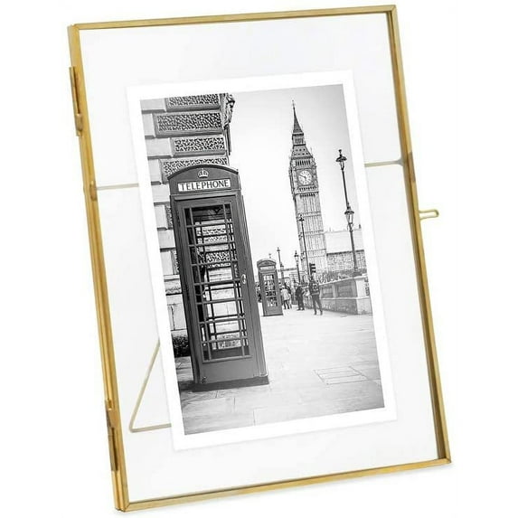 Isaac Jacobs 6x8, Antique Gold, Vintage Style Brass and Glass, Metal Floating Picture Frame Vertical with Locket Closure, for Photos, Art, More, Tabletop Display