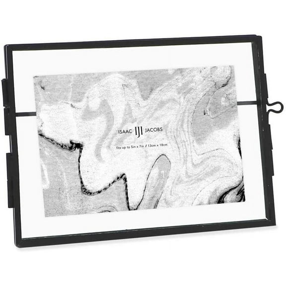 Isaac Jacobs 7x5, Black Modern Style Brass and Glass, Pressed Glass, Metal Floating Desk Photo Frame Horizontal, with Locket Closure