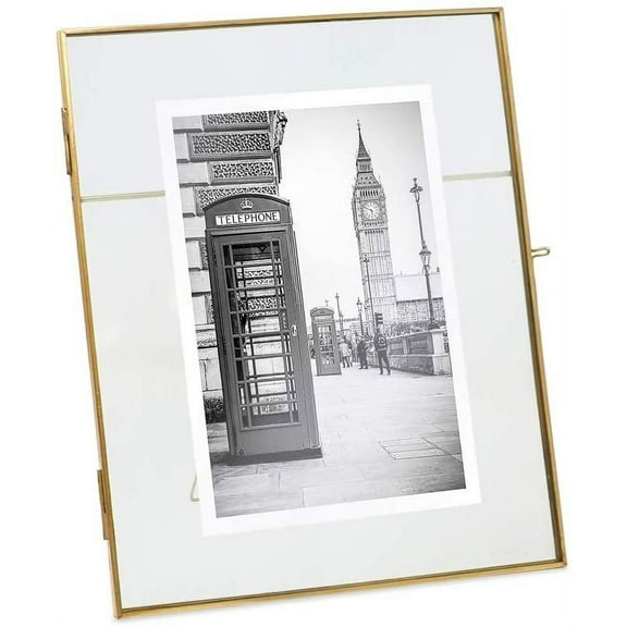 Isaac Jacobs 8x10, Antique Gold, Vintage Style Brass and Glass, Metal Floating Picture Frame Vertical with Locket Closure, for Photos, Art, More, Tabletop