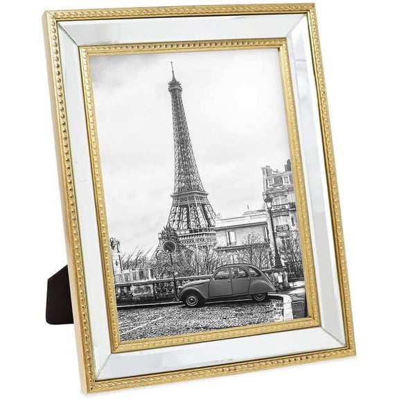 Isaac Jacobs 8x10 Gold Mirror Bead Picture Frame - Classic Mirrored Frame with Dotted Border Made for Wall Display, Tabletop, Photo Gallery and Wall Art