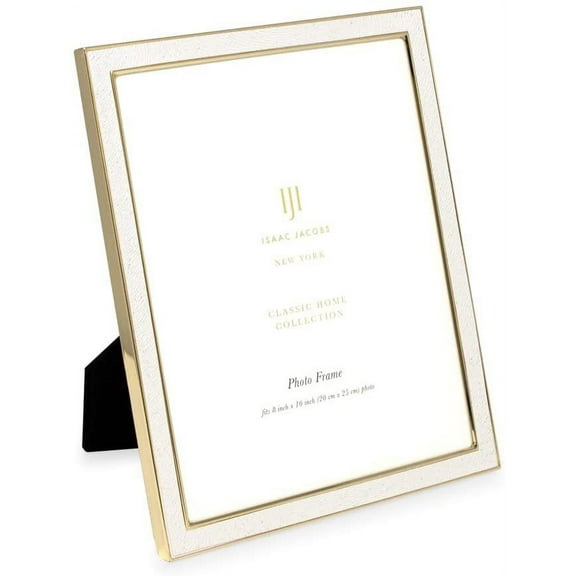 Isaac Jacobs 8x10 White Textured Leather Vertical & Horizontal & Gold Metal Picture Frame, with Black Fabric Easel, Wall-Mountable, Made for Tabletop