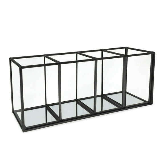Isaac Jacobs Black 4-Compartment Organizer, Vintage Style Brass and Glass Storage Solution