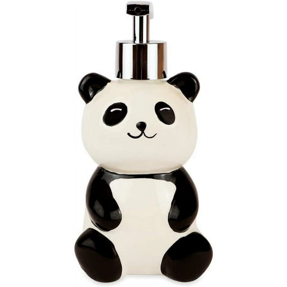 Isaac Jacobs Black and White Ceramic Panda Bear, Liquid Soap Pump/Lotion Dispenser with Chrome Metal Pump Holds Up to 12 Oz  Great for Bathroom, Kitchen Countertop, Bath Accessory Panda
