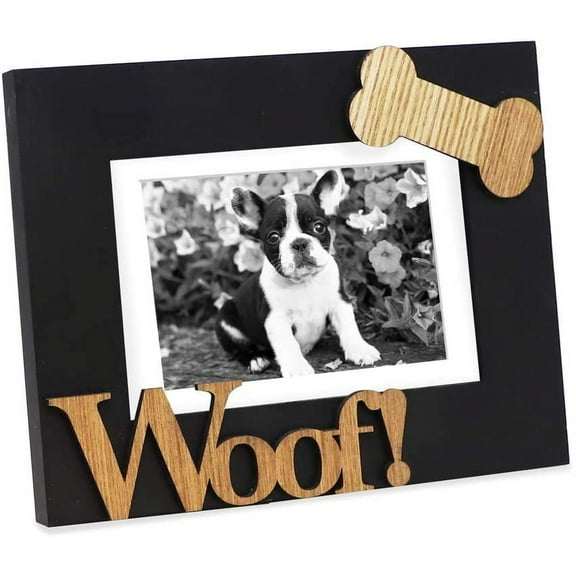 Isaac Jacobs Black Wood Sentiments Dog Woof! Picture Frame, Photo Gift for Pet Dog, Puppy, Display on Tabletop, Desk Black, 5x7 Matted 4x6