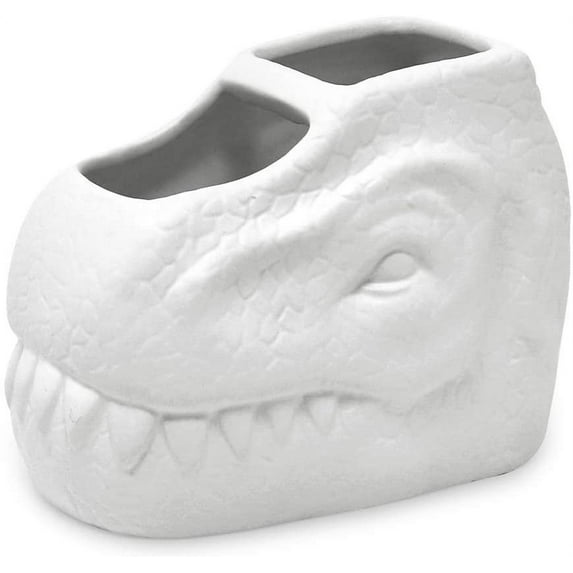 Isaac Jacobs Ceramic Dinosaur Cup Holder, Multi-Purpose Organizer, Bathroom, Kitchen, Bedroom, 2-Section Cup, White
