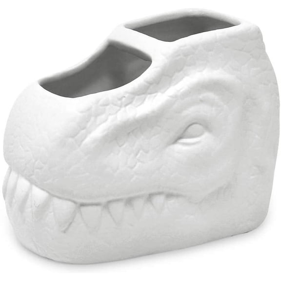 Isaac Jacobs Ceramic Dinosaur Cup Holder, Multi-Purpose Organizer, Bathroom, Kitchen, Bedroom, 2-Section Cup, White