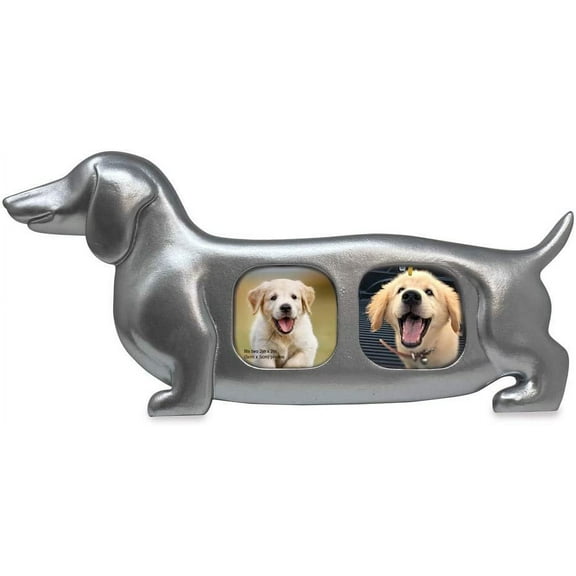 Isaac Jacobs Double 2x2 Resin Sentiments Dog Shaped Picture Frame, Photo Gift for Pet Puppy, Tabletop, Desktop & Wall Display 2x2, Silver