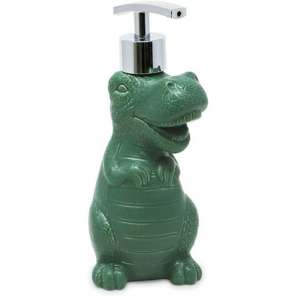 Isaac Jacobs Green Ceramic Dinosaur, Liquid Soap Pump/Lotion Dispenser with Chrome Metal Pump Holds Up to 12 Oz.  Great for Bathroom, Kitchen Countertop, Bath Accessory Green