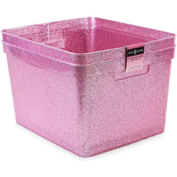 Isaac Jacobs Large Glitter Storage Bin 14 x 11.5 x 8.75 Set w/Cut-Out Handles, Plastic Organizer, Multi-Functional, 2, Pink