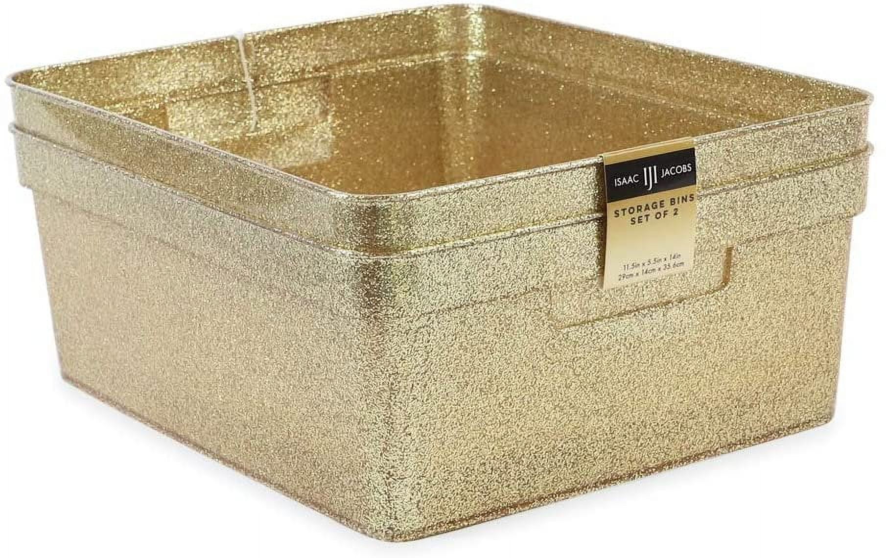 Isaac Jacobs Medium Glitter Storage Bin 14 x 11.5 x 5.5 Set w/Cut-Out Handles, Plastic Organizer, Multi-Functional, Home Storage Solution, 2, Gold