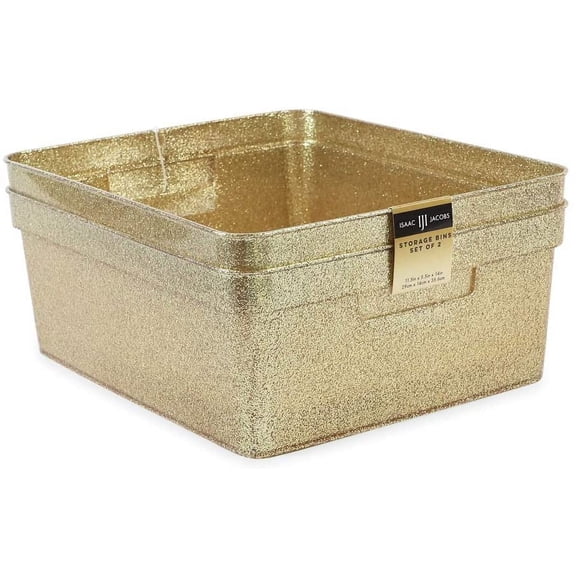 Isaac Jacobs Medium Glitter Storage Bin 14 x 11.5 x 5.5 Set w/Cut-Out Handles, Plastic Organizer, Multi-Functional, Home Storage Solution, 2, Gold