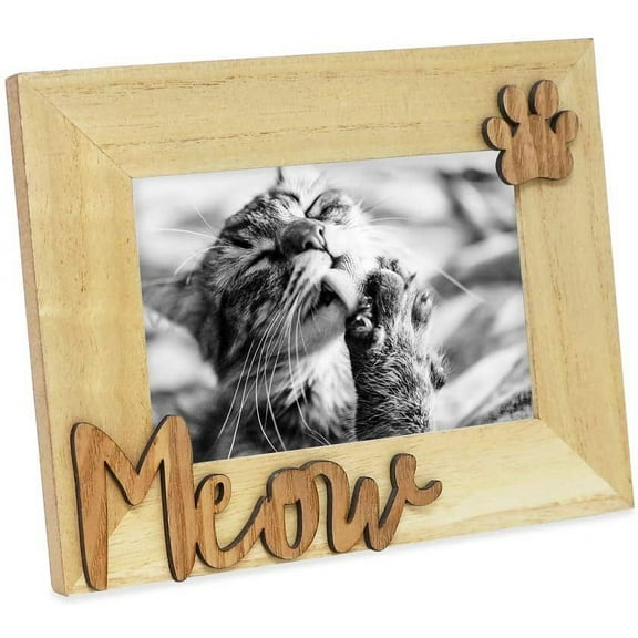 Isaac Jacobs Natural Wood Sentiments Cat Meow Picture Frame, 4x6 inch, Photo Gift for Pet Cat, Kitten, Display on Tabletop, Desk Natural, 4x6