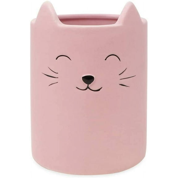 Isaac Jacobs Pink Ceramic Cat Makeup Brush Holder, Multi-Purpose Cup Organizer. Bathroom, Kitchen, Bedroom, Office Dcor Single Cup, Pastel Pink