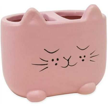 Isaac Jacobs Pink Ceramic Cat Organizer, Multi-Purpose 2-Section Holder