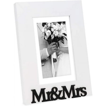 Isaac Jacobs White Wood Sentiments Mr & Mrs Picture Frame, 5x7 inch with Mat, Newlywed Photo Gift for Wedding, Display on Tabletop, Desk White, 5x7 Matted 4x6