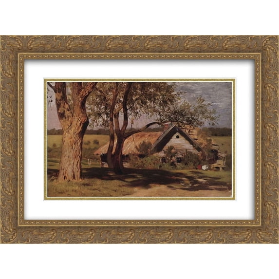 Isaac Levitan 2x Matted 24x20 Gold Ornate Framed Art Print 'House with broom trees.'