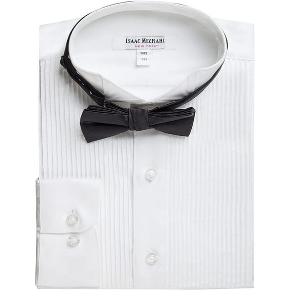 Isaac Mizrahi Boy's 100% Cotton Long Sleeve Wing Tip Collar Tuxedo Shirt with Bowtie