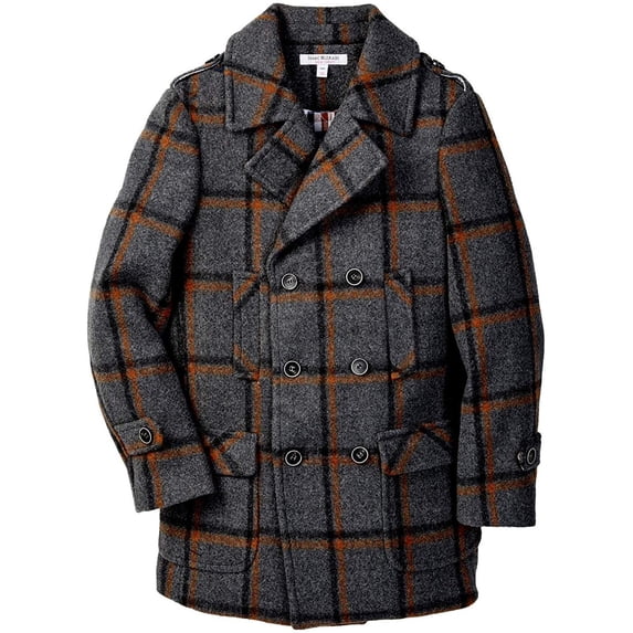Isaac Mizrahi Boys 2-20 Multi Plaid Double Breasted Wool Pea Coat 7, Charcoal