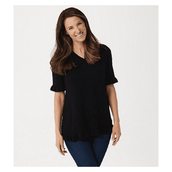 Isaac Mizrahi Live! Elbow-Sleeve Ruffle Hem V-Neck Sweater, Black, X Small