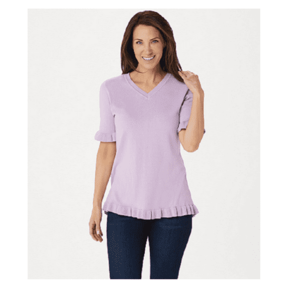 Isaac Mizrahi Live! Elbow-Sleeve Ruffle Hem V-Neck Sweater, Lavender, XS