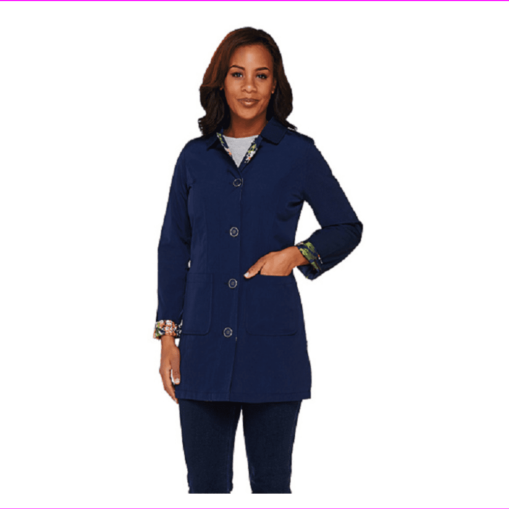 Isaac Mizrahi Live Floral Printed Reversible Coat Navy Size M
