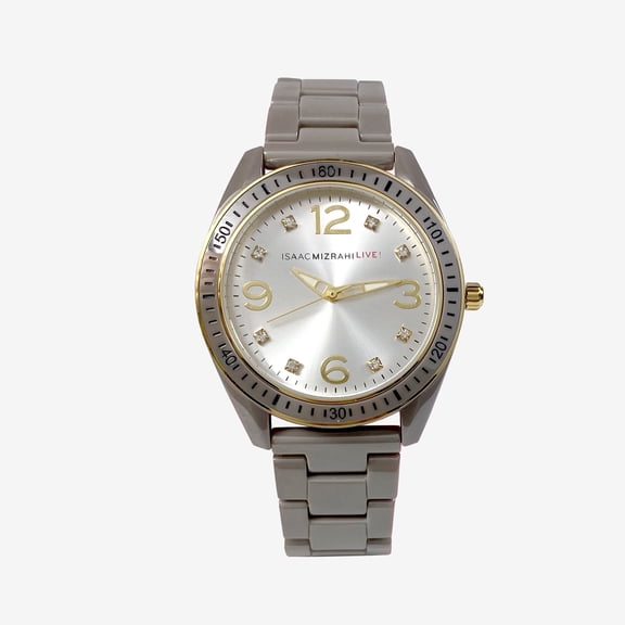 Isaac Mizrahi Live! Women's Analog Watch with Round Case, Rubber Strap, with Deployment Clasp, Gold and Cement Gray, Large